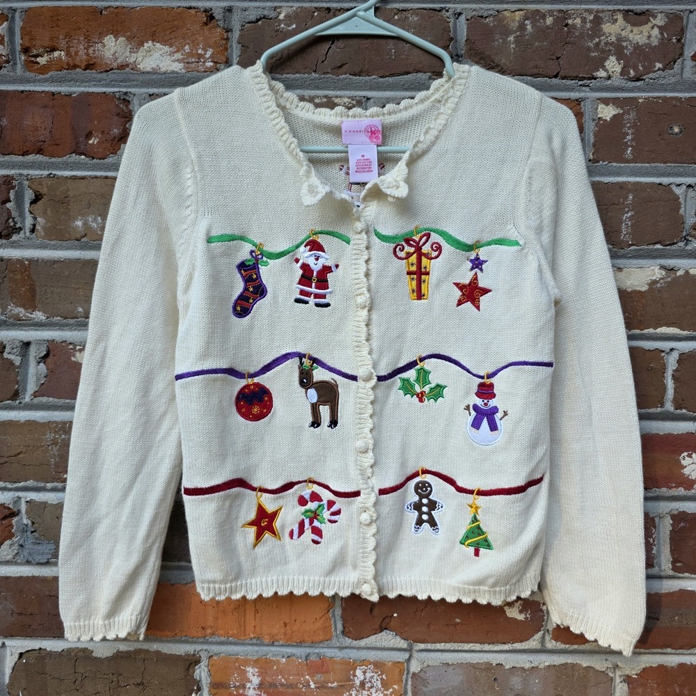 J. Khaki Girls Christmas Sweater Size M White Santa Ornaments Scalloped 90s VTG